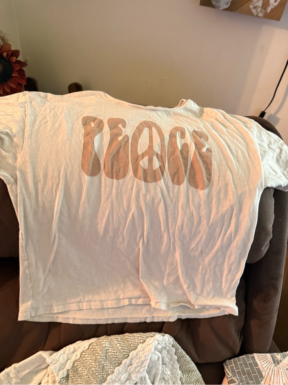 American Eagle Outfitters White Crop Top with Peach 'PEACE' Graphic